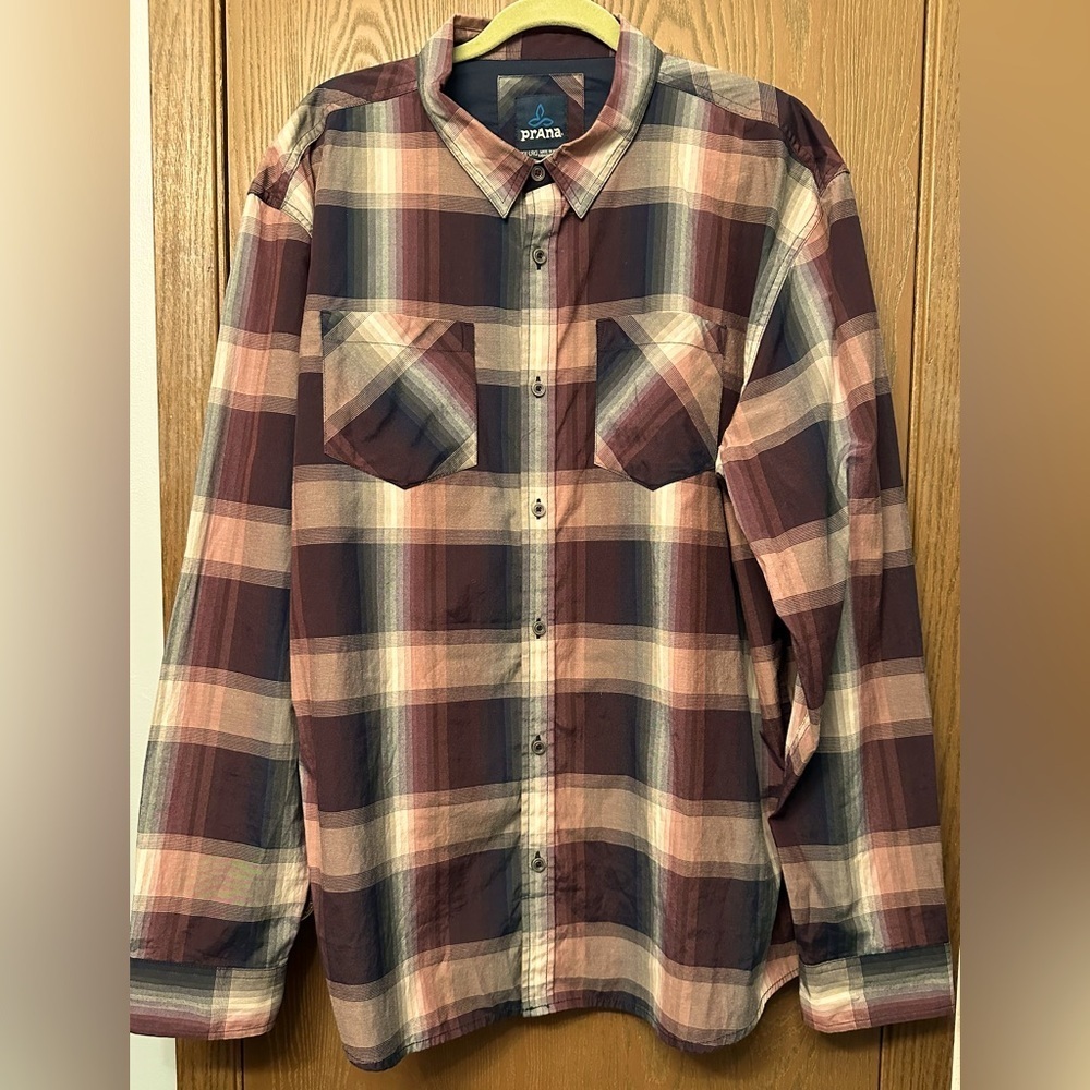 Prana Men’s Button Down Long Sleeve Shirt Purple Gray Black Size XXL Lightweight